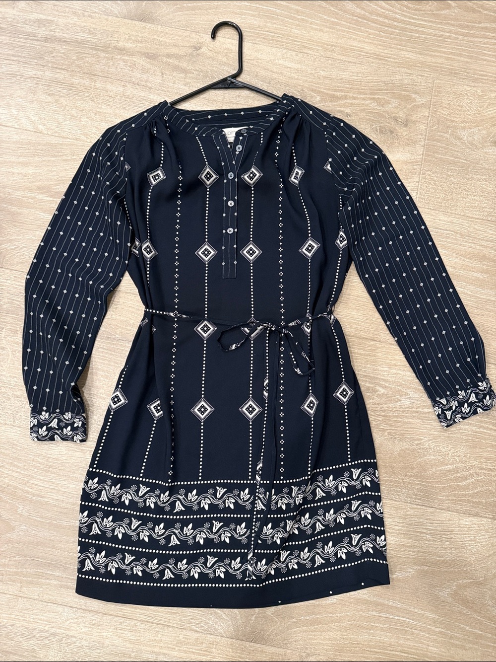 LOFT Navy and White Long-Sleeve Printed Belted Tunic Dress